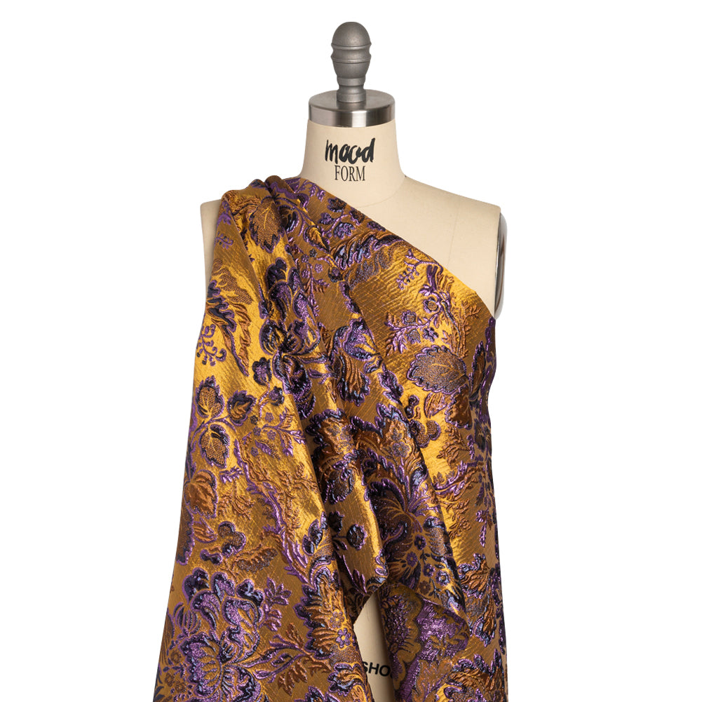 Metallic Antique Gold, Purple and Navy Floral Delight Luxury Brocade Detail