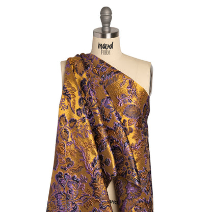 Metallic Antique Gold, Purple and Navy Floral Delight Luxury Brocade Detail