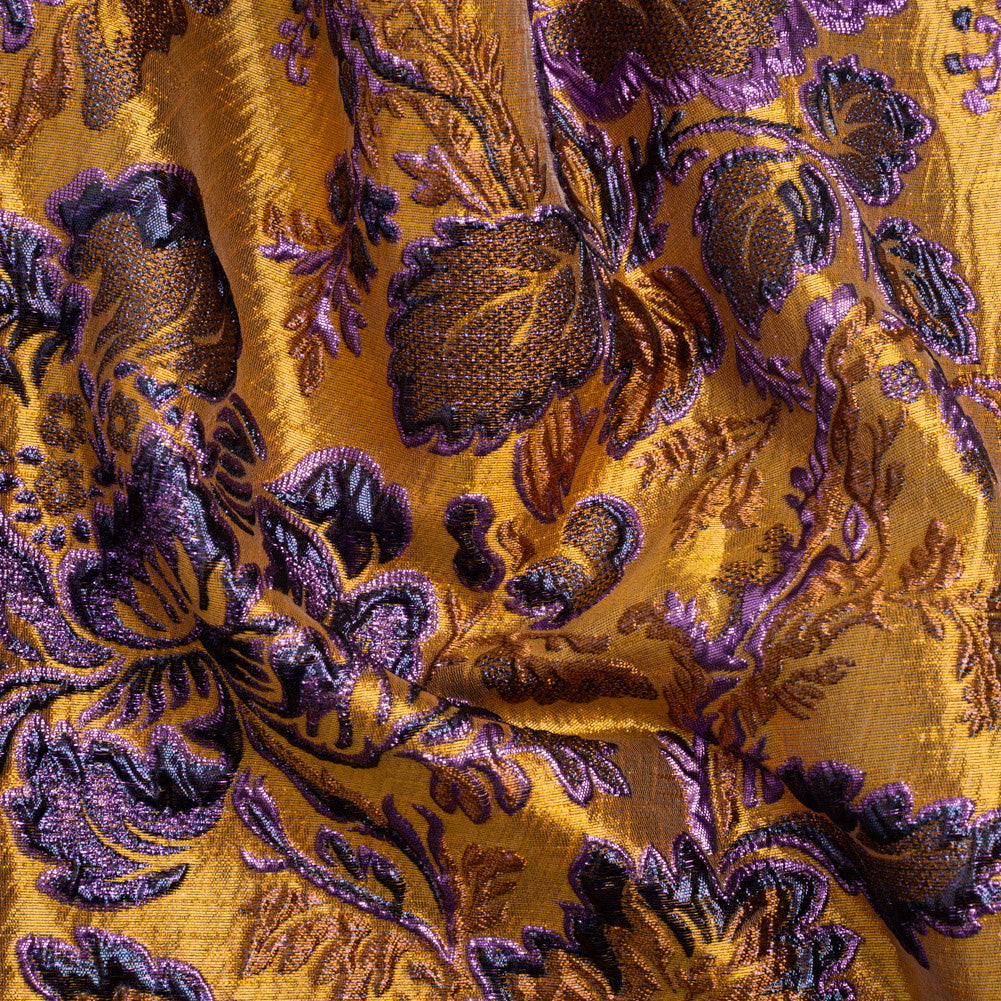 Metallic Antique Gold, Purple and Navy Floral Delight Luxury Brocade