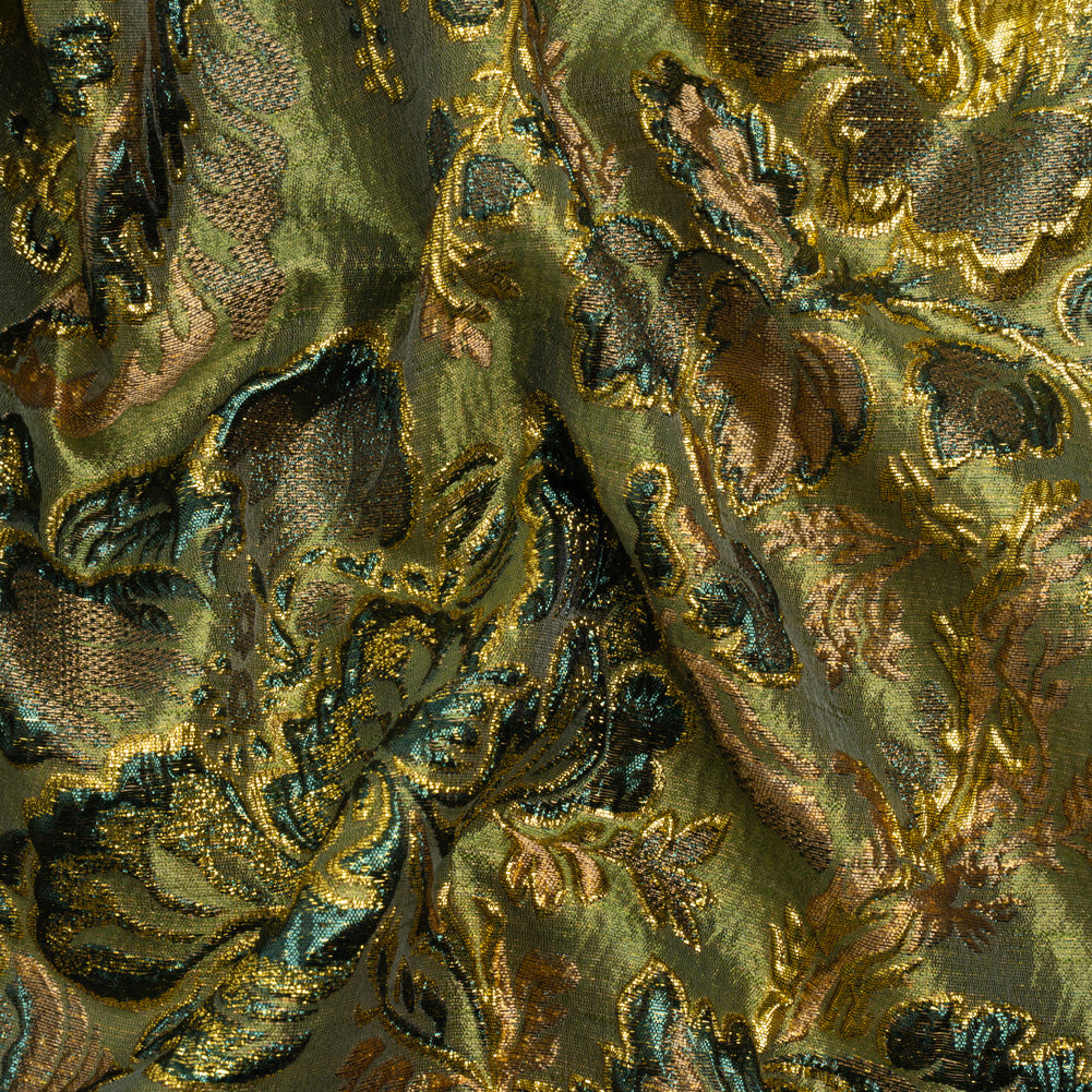 Metallic Gold, Olive and Evergreen Floral Delight Luxury Brocade