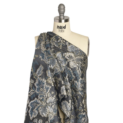 Metallic Silver, Gold and Charcoal Floral Delight Luxury Brocade - Detail