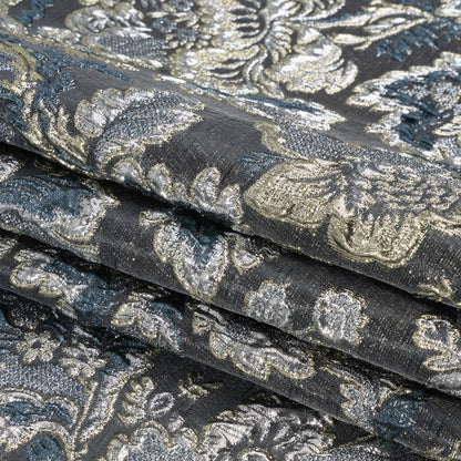 Metallic Silver, Gold and Charcoal Floral Delight Luxury Brocade - Full