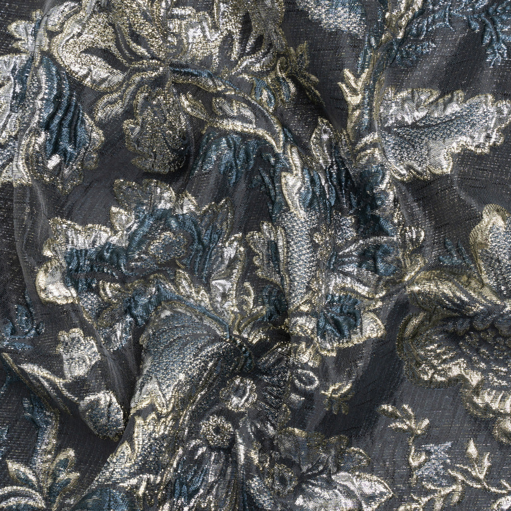 Metallic Silver, Gold and Charcoal Floral Delight Luxury Brocade