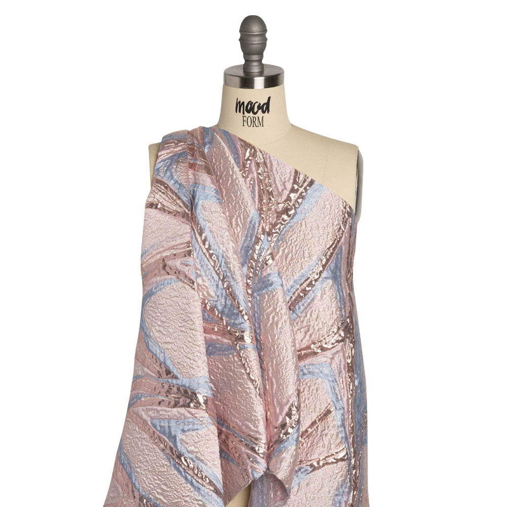 Metallic Pastel Pink and Baby Blue Flowing Lines Luxury Brocade - Detail
