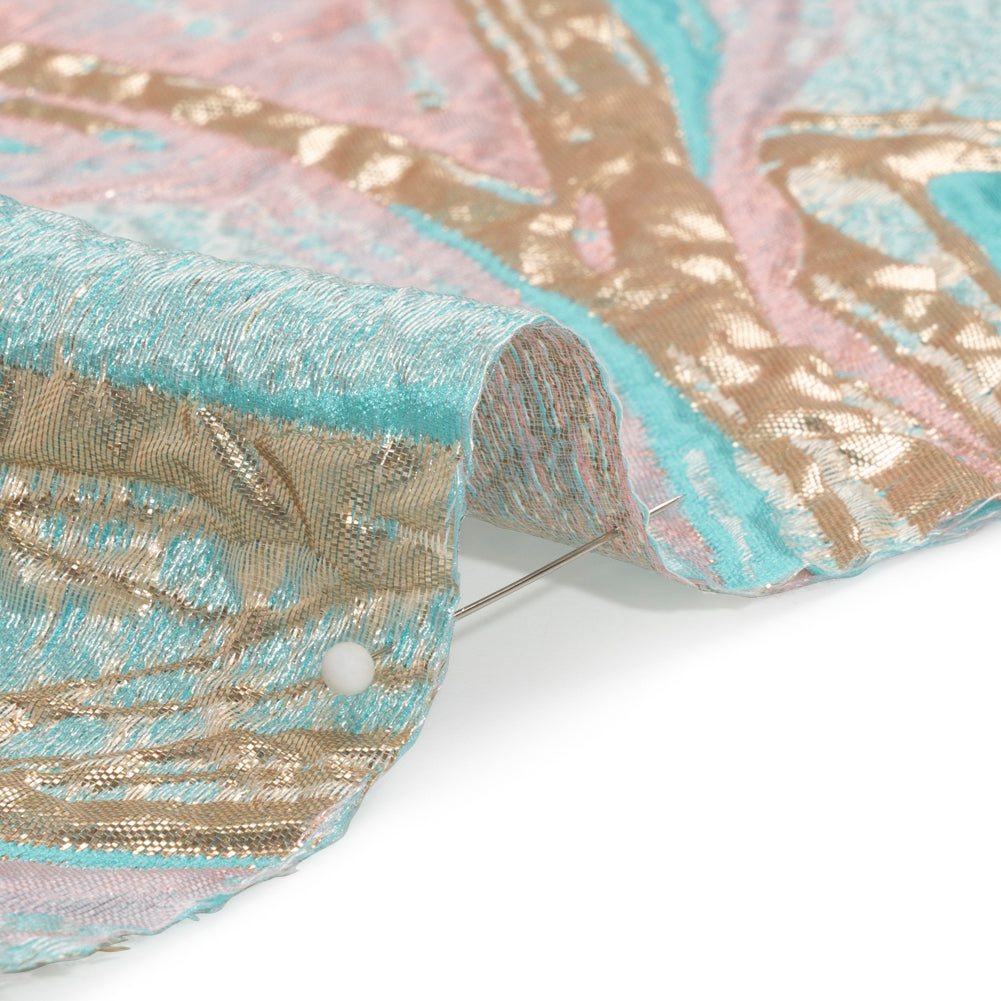 Metallic Gold, Turquoise and Pink Flowing Lines Luxury Brocade - Folded