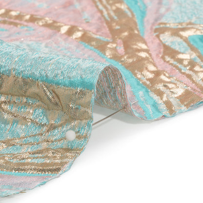 Metallic Gold, Turquoise and Pink Flowing Lines Luxury Brocade - Folded