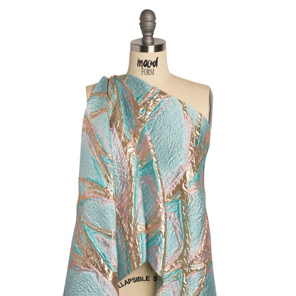 Metallic Gold, Turquoise and Pink Flowing Lines Luxury Brocade - Detail
