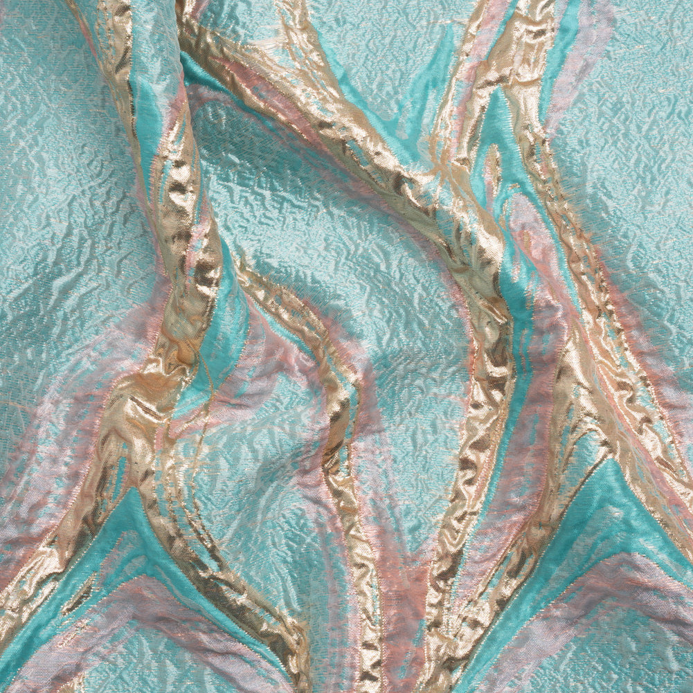 Metallic Gold, Turquoise and Pink Flowing Lines Luxury Brocade