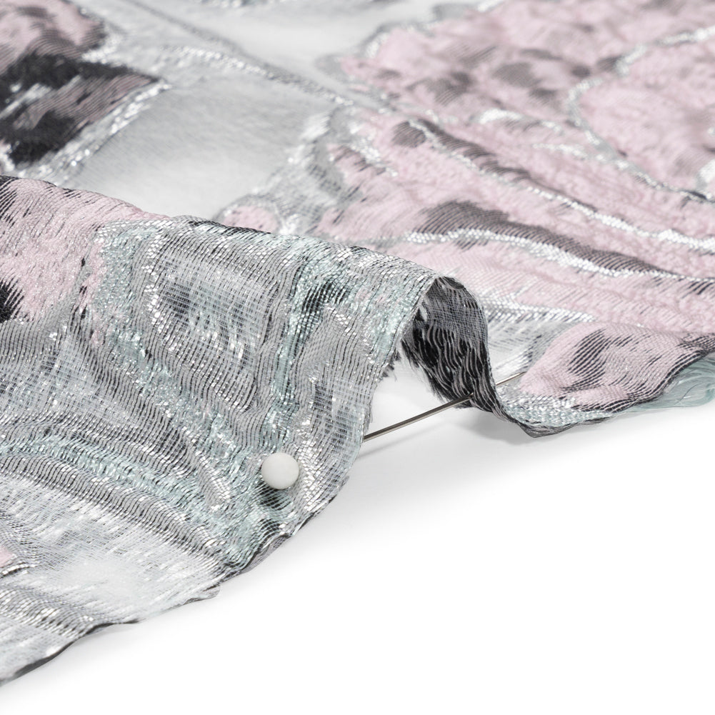 Metallic Silver, Pink and Black Floral Luxury Burnout Brocade - Folded