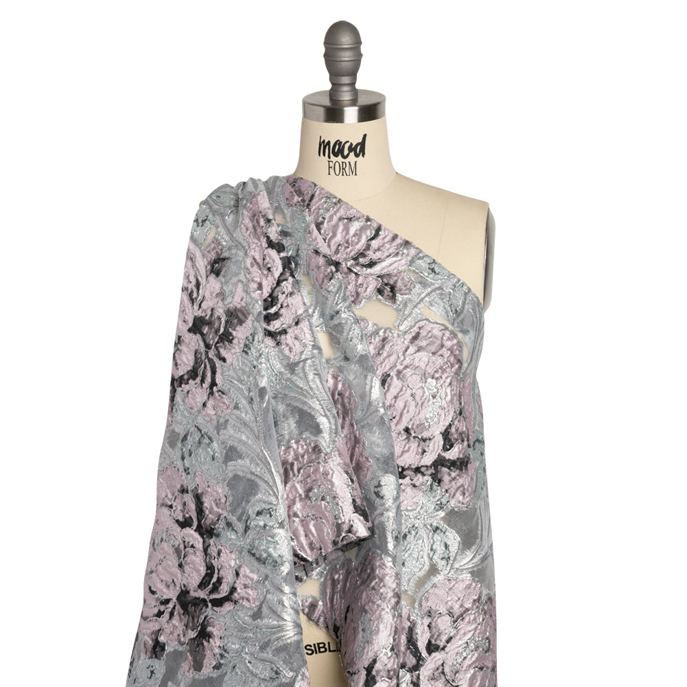 Metallic Silver, Pink and Black Floral Luxury Burnout Brocade - Detail