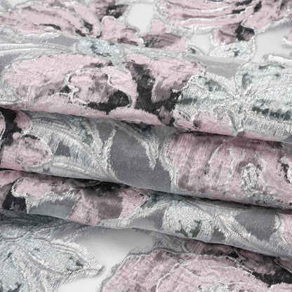 Metallic Silver, Pink and Black Floral Luxury Burnout Brocade - Full