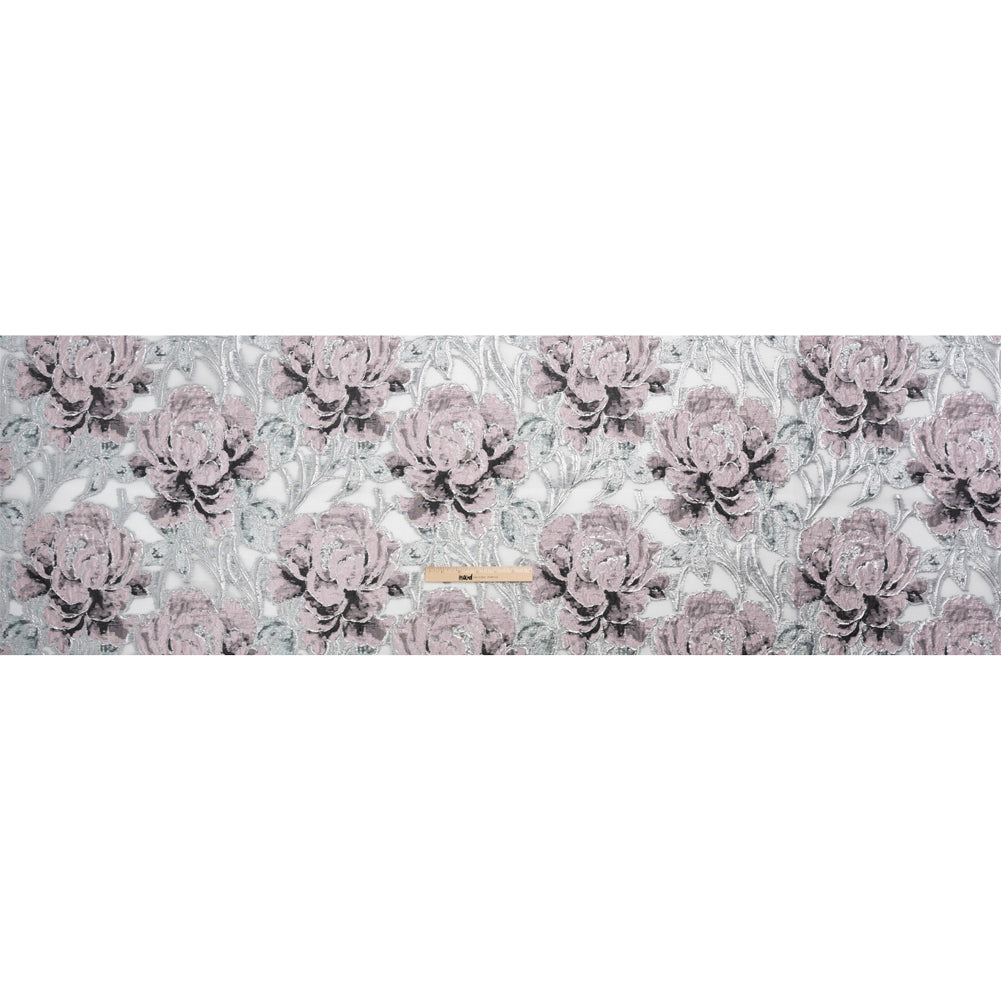 Metallic Silver, Pink and Black Floral Luxury Burnout Brocade - Drape