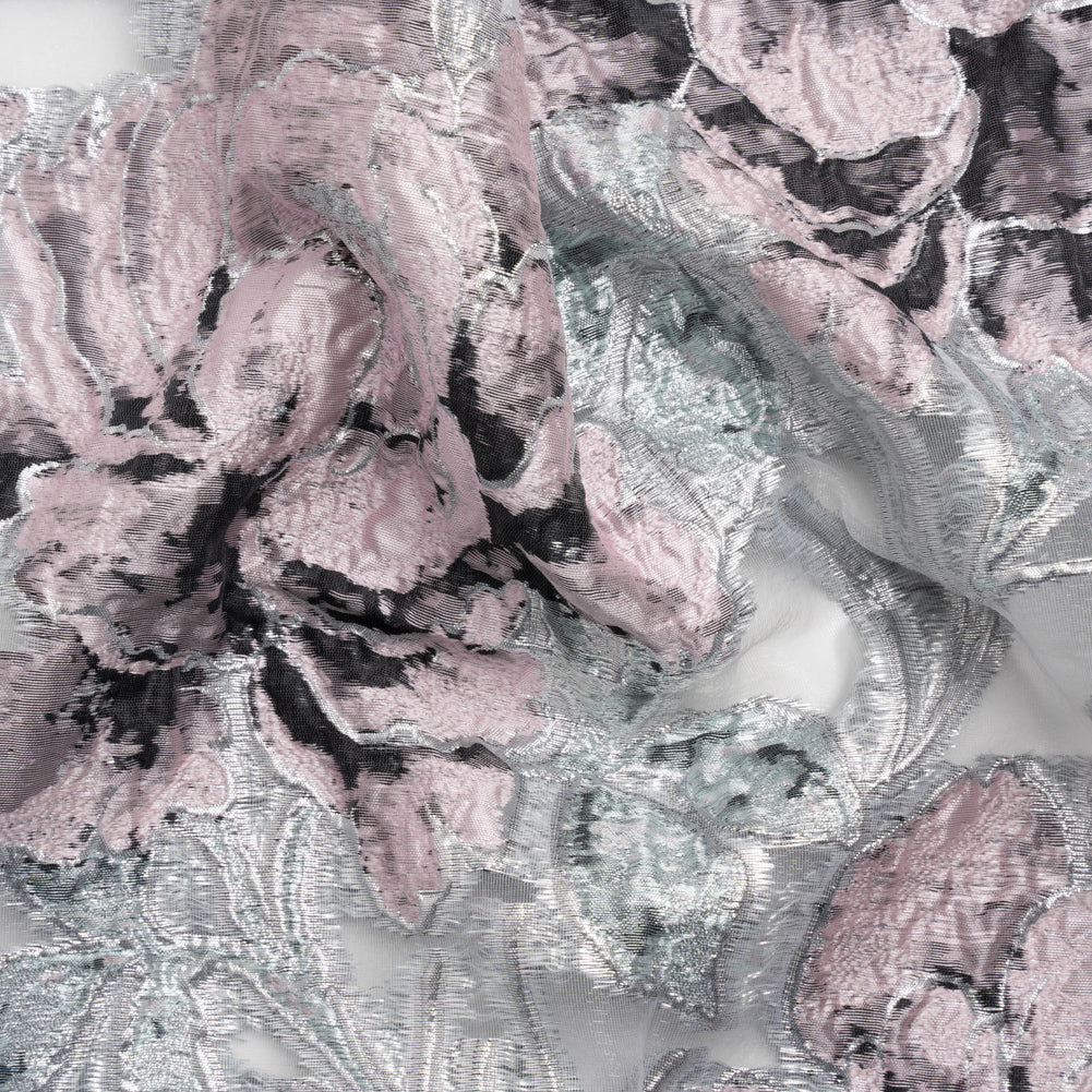 Metallic Silver, Pink and Black Floral Luxury Burnout Brocade