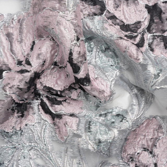 Metallic Silver, Pink and Black Floral Luxury Burnout Brocade