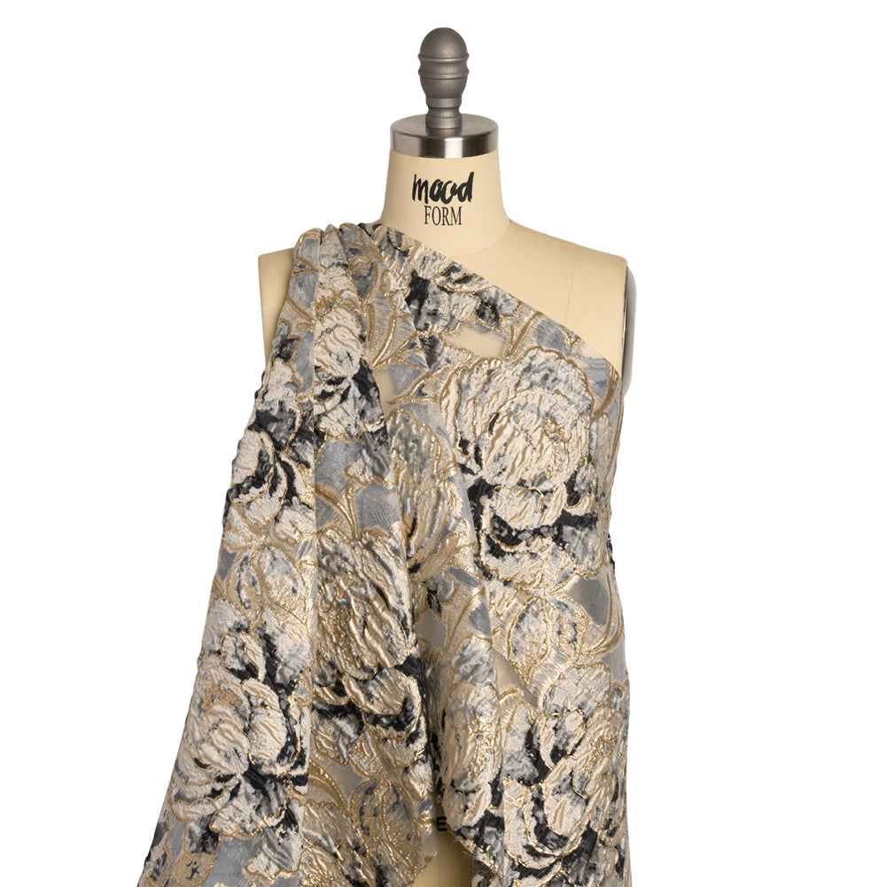 Metallic Gold, Beige and Black Floral Luxury Burnout Brocade Detail