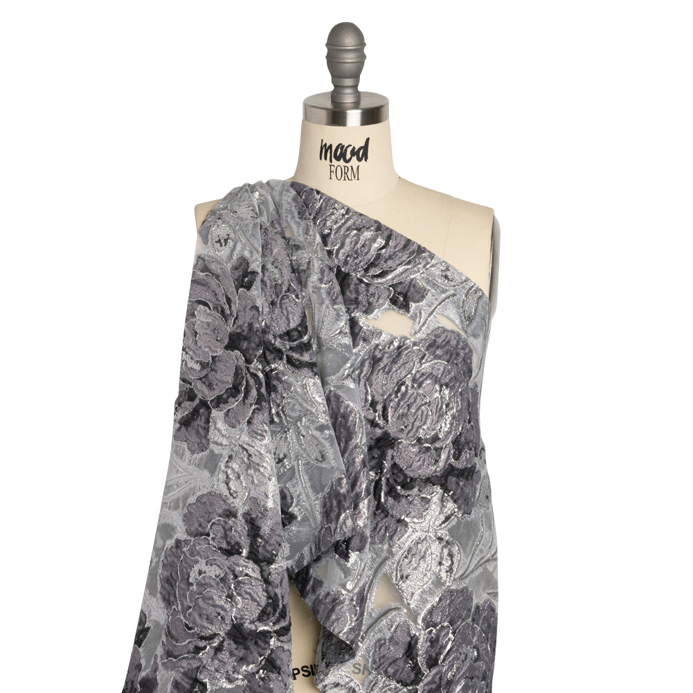 Metallic Silver and Gray Floral Luxury Burnout Brocade Detail