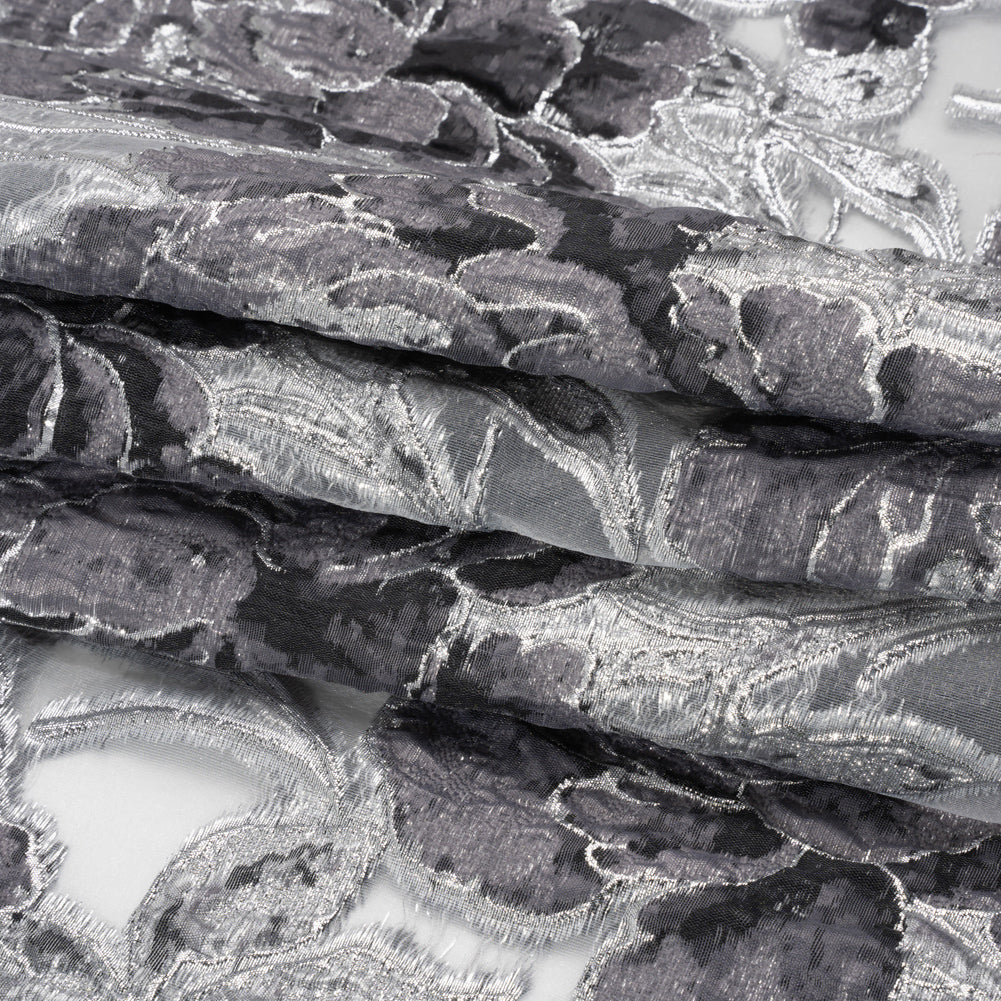 Metallic Silver and Gray Floral Luxury Burnout Brocade Full