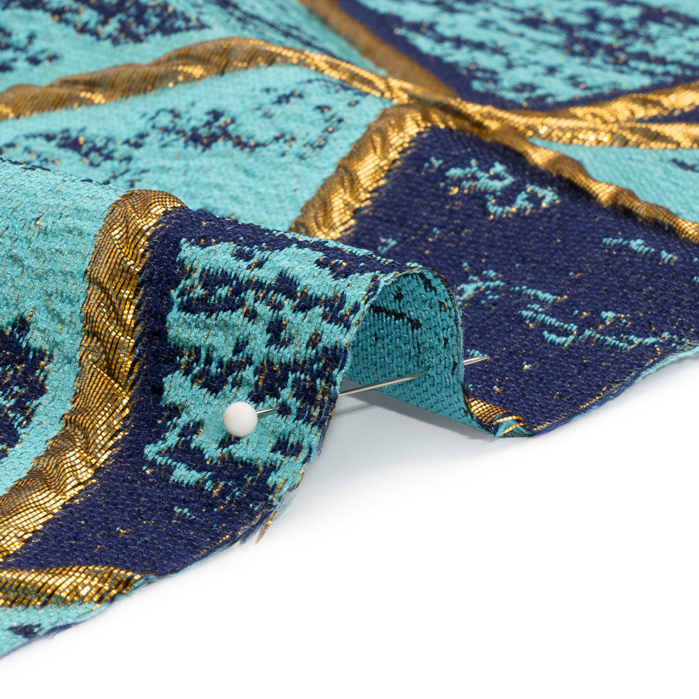 Metallic Gold, Turquoise and Navy Geometric Distress Luxury Brocade - Folded