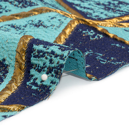 Metallic Gold, Turquoise and Navy Geometric Distress Luxury Brocade - Folded
