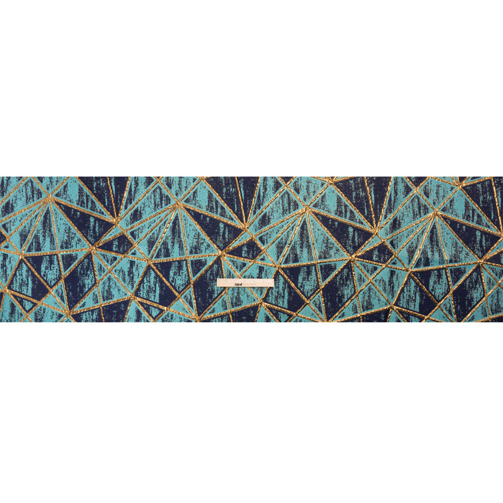 Metallic Gold, Turquoise and Navy Geometric Distress Luxury Brocade - Drape