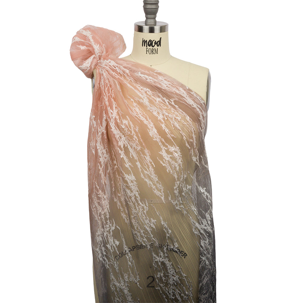 Sequoia Charcoal and Blush Ombre Abstract Embroidered and Sequined Soft Pleated Tulle - Detail