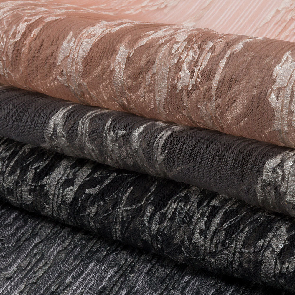 Sequoia Charcoal and Blush Ombre Abstract Embroidered and Sequined Soft Pleated Tulle - Full