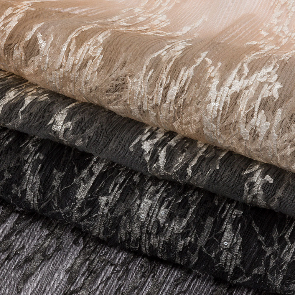 Sequoia Black and Taupe Ombre Abstract Embroidered and Sequined Soft Pleated Tulle - Full