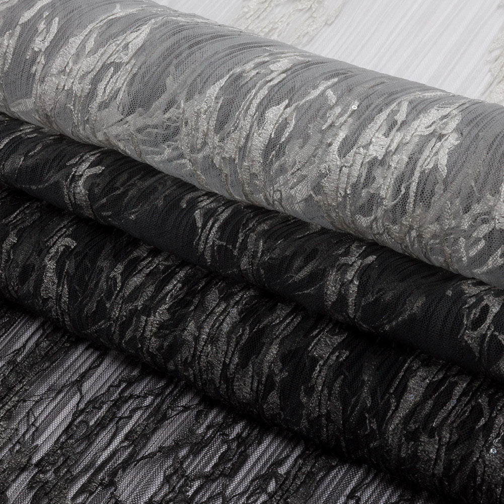 Sequoia Black, Gray and White Ombre Abstract Embroidered and Sequined Soft Pleated Tulle - Full