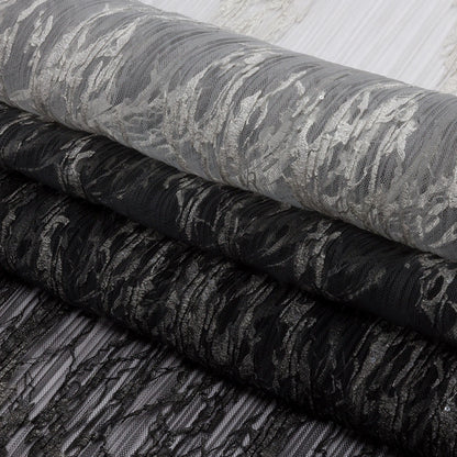Sequoia Black, Gray and White Ombre Abstract Embroidered and Sequined Soft Pleated Tulle - Full