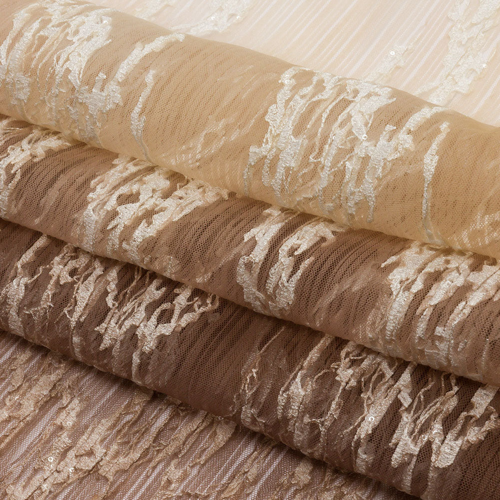 Sequoia Beige, Brown and White Ombre Abstract Embroidered and Sequined Soft Pleated Tulle - Full