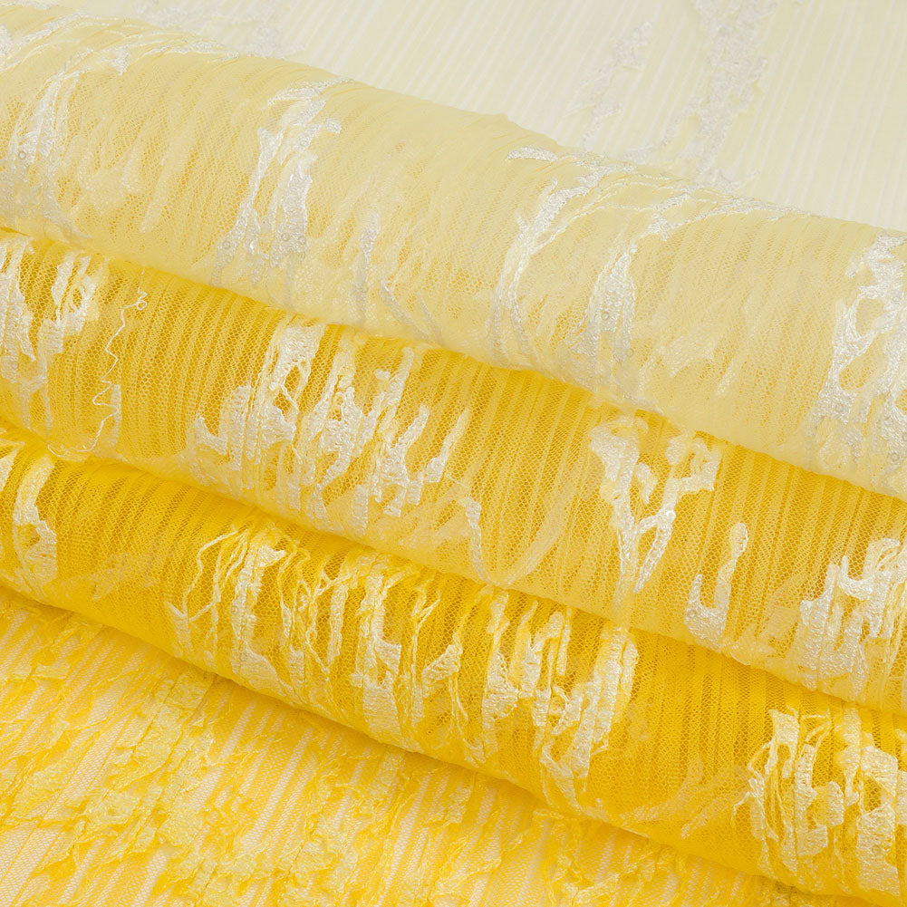 Sequoia White and Lemon Ombre Abstract Embroidered and Sequined Soft Pleated Tulle - Full
