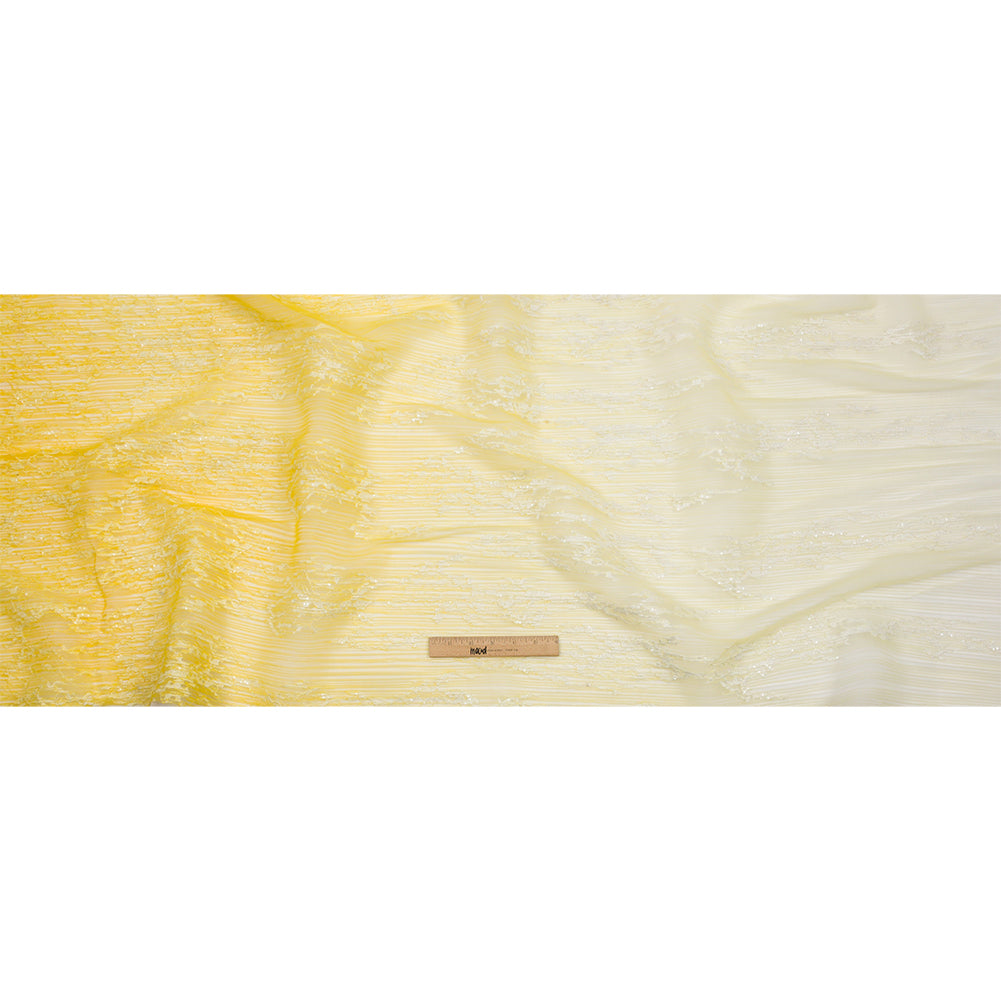 Sequoia White and Lemon Ombre Abstract Embroidered and Sequined Soft Pleated Tulle - Drape