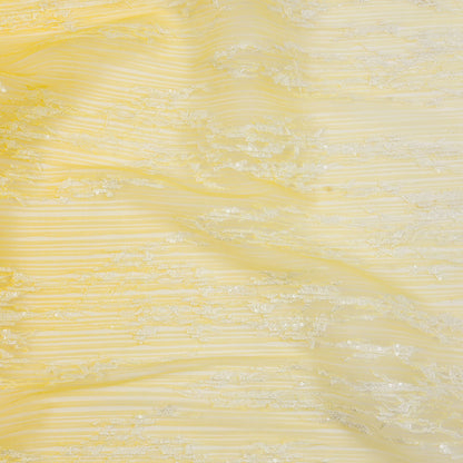 Sequoia White and Lemon Ombre Abstract Embroidered and Sequined Soft Pleated Tulle