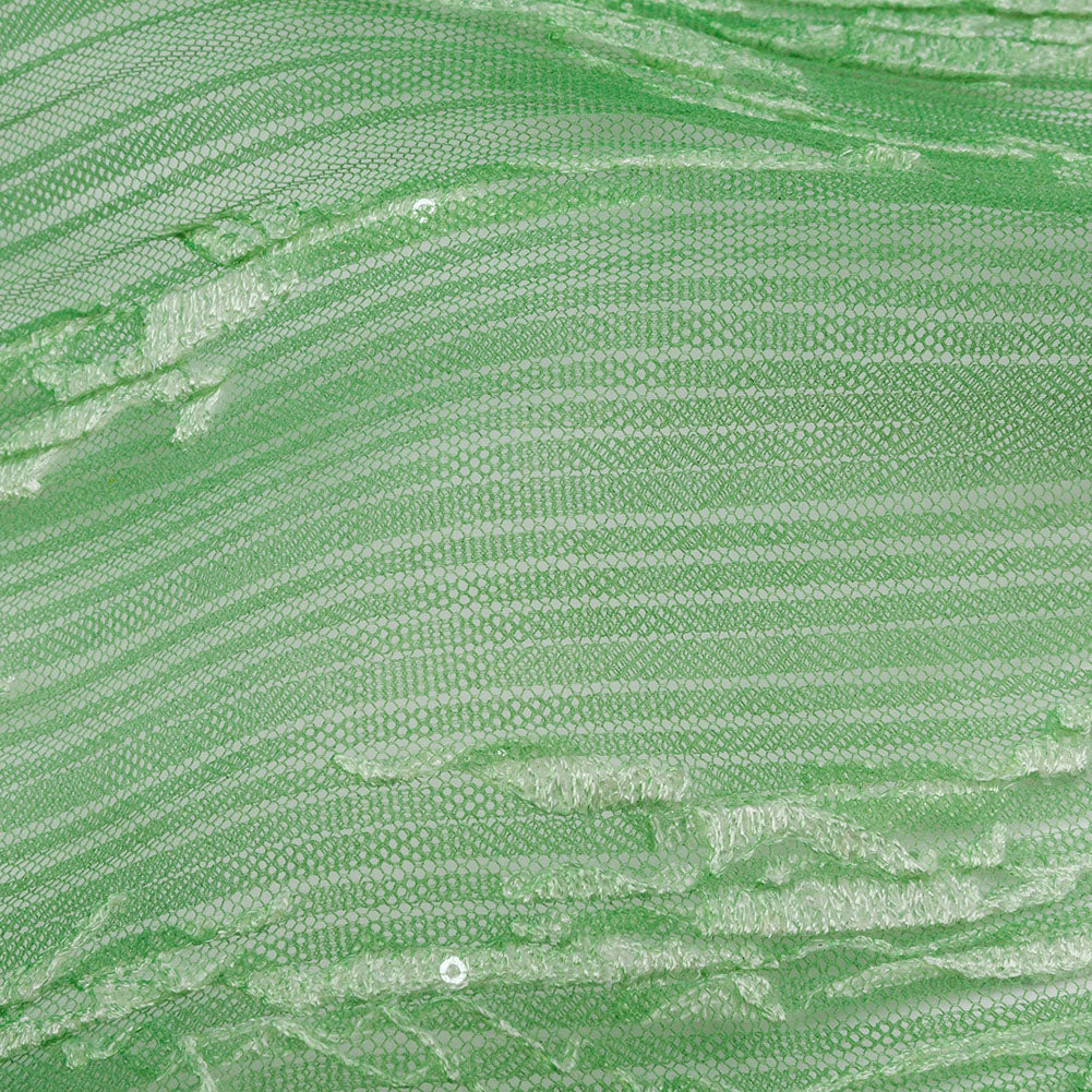 Sequoia Mint, Green and White Ombre Abstract Embroidered and Sequined Soft Pleated Tulle - Folded