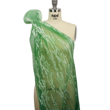 Sequoia Mint, Green and White Ombre Abstract Embroidered and Sequined Soft Pleated Tulle - Detail