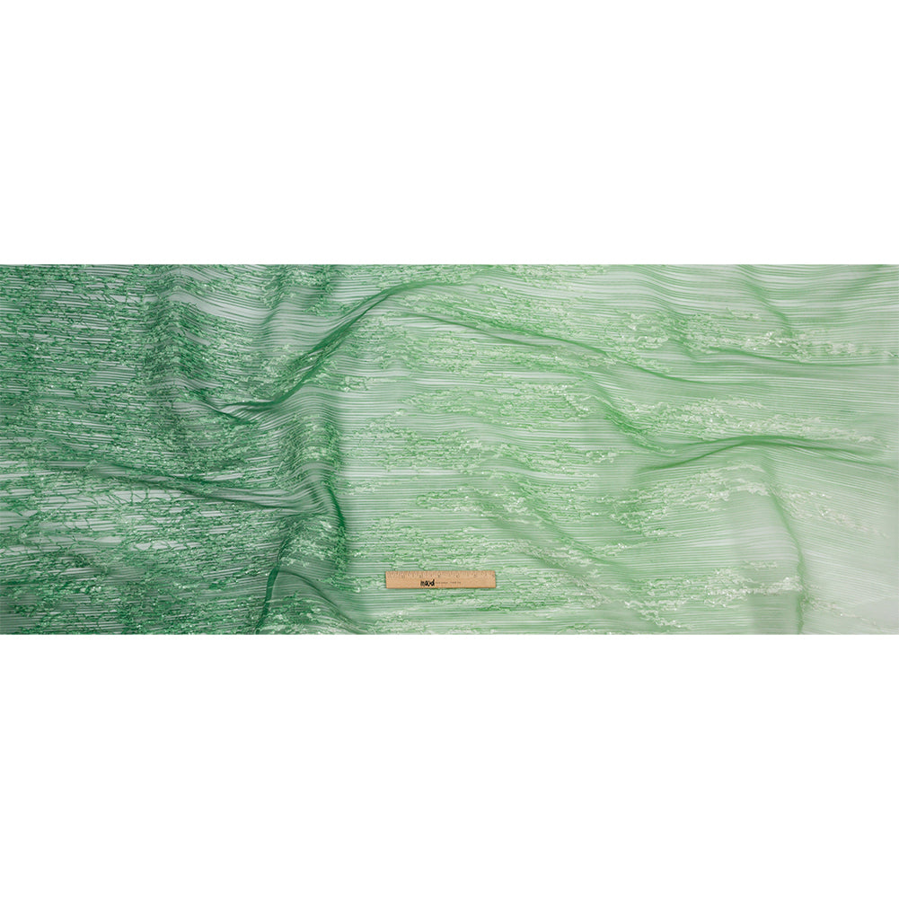 Sequoia Mint, Green and White Ombre Abstract Embroidered and Sequined Soft Pleated Tulle - Drape