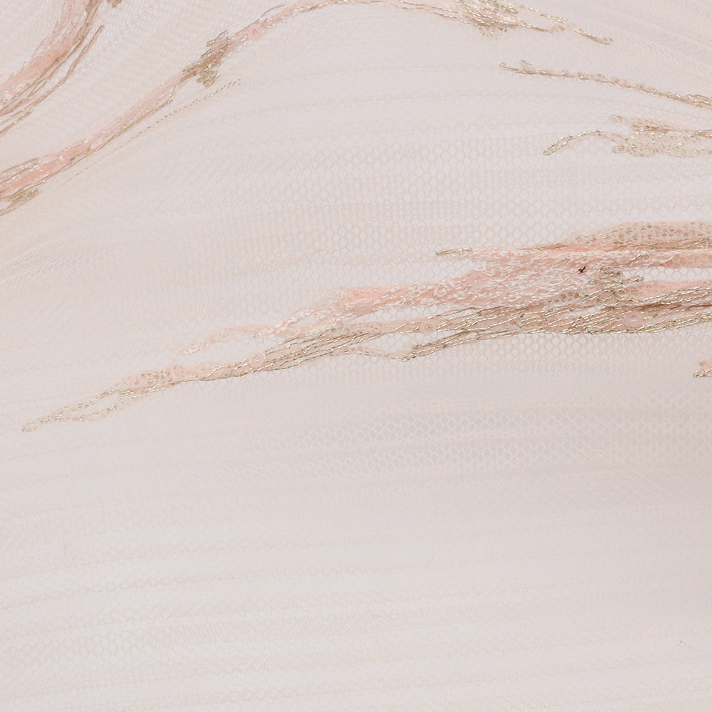 Embroidered Soft Pleated Tulle with Clear Baby Sequins - Blush Abstract - Linden Collection Folded