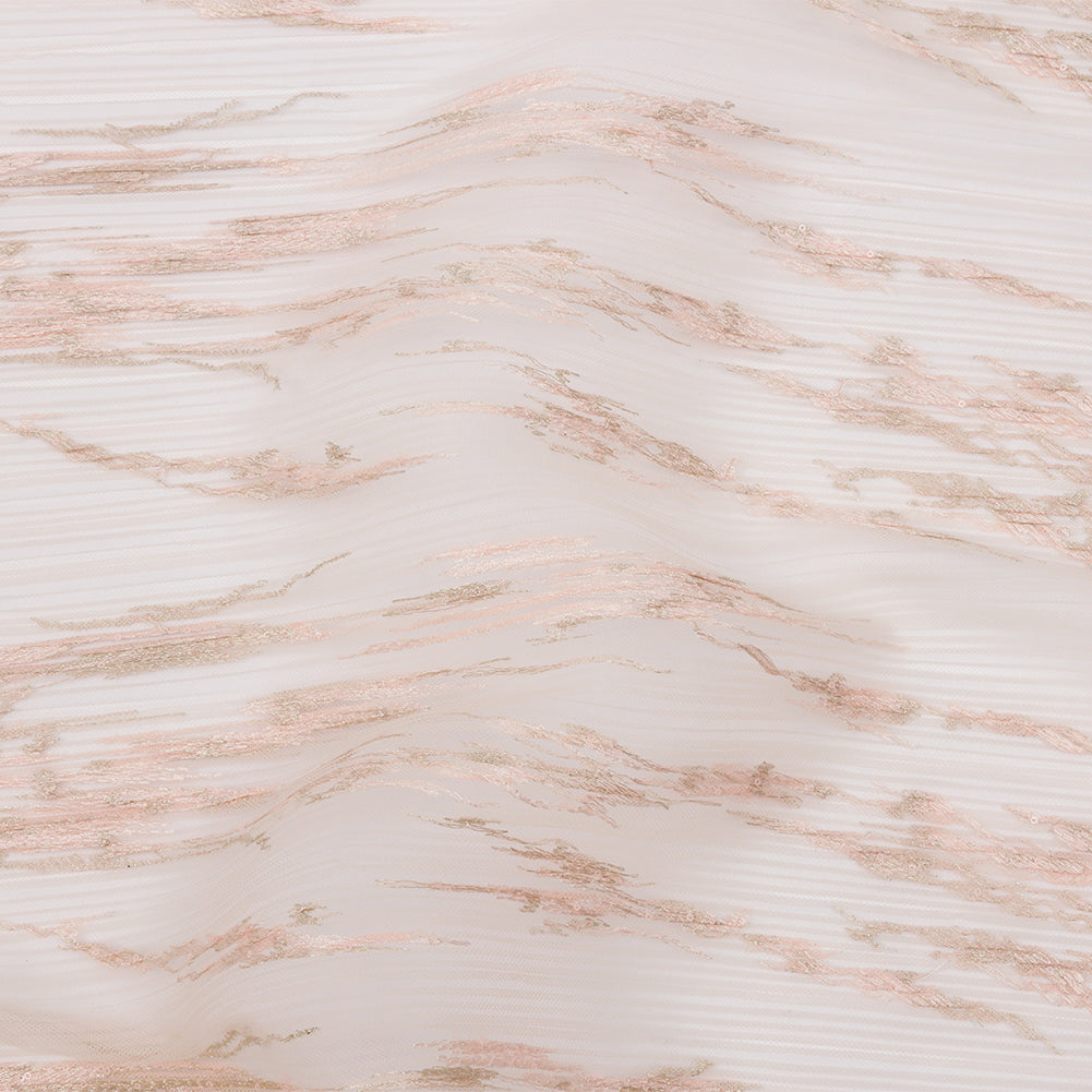 Embroidered Soft Pleated Tulle with Clear Baby Sequins - Blush Abstract - Linden Collection