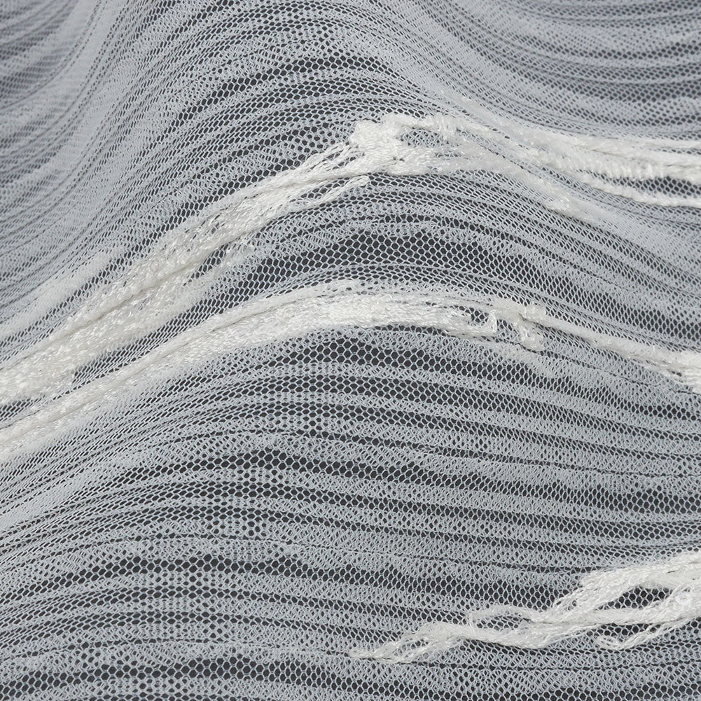 Embroidered Soft Pleated Tulle with Clear Baby Sequins - Off White Abstract - Linden Collection Folded