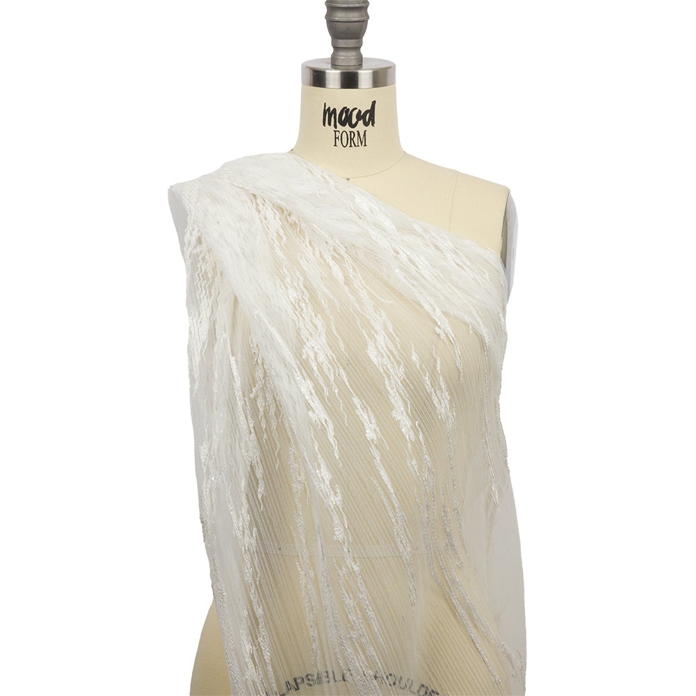Embroidered Soft Pleated Tulle with Clear Baby Sequins - Off White Abstract - Linden Collection Detail