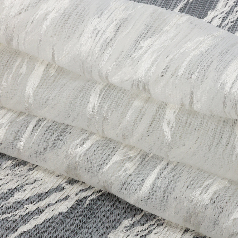 Embroidered Soft Pleated Tulle with Clear Baby Sequins - Off White Abstract - Linden Collection Full