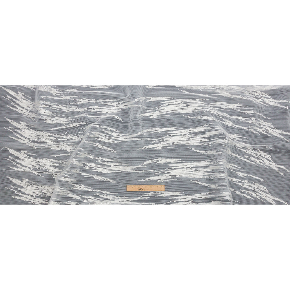 Embroidered Soft Pleated Tulle with Clear Baby Sequins - Off White Abstract - Linden Collection Drape
