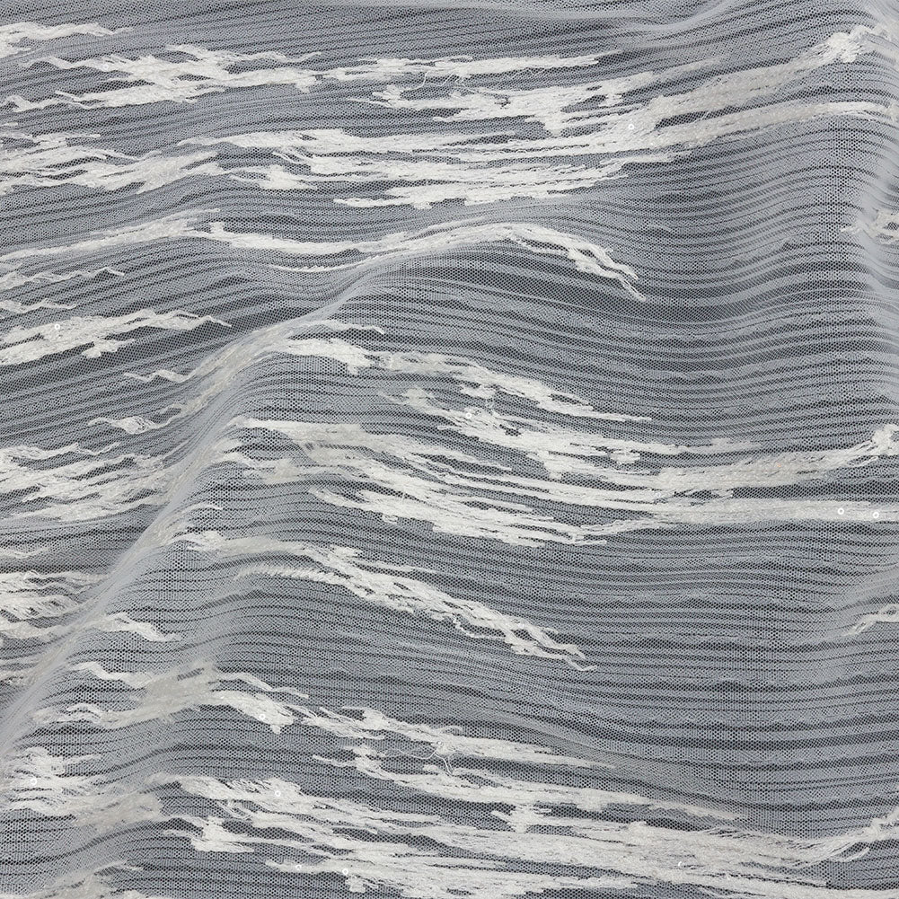 Embroidered Soft Pleated Tulle with Clear Baby Sequins - Off White Abstract - Linden Collection