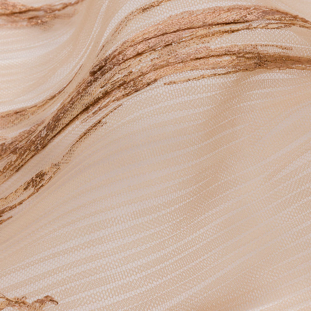 Linden Caramel Abstract Embroidered Soft Pleated Tulle with Clear Baby Sequins - Folded