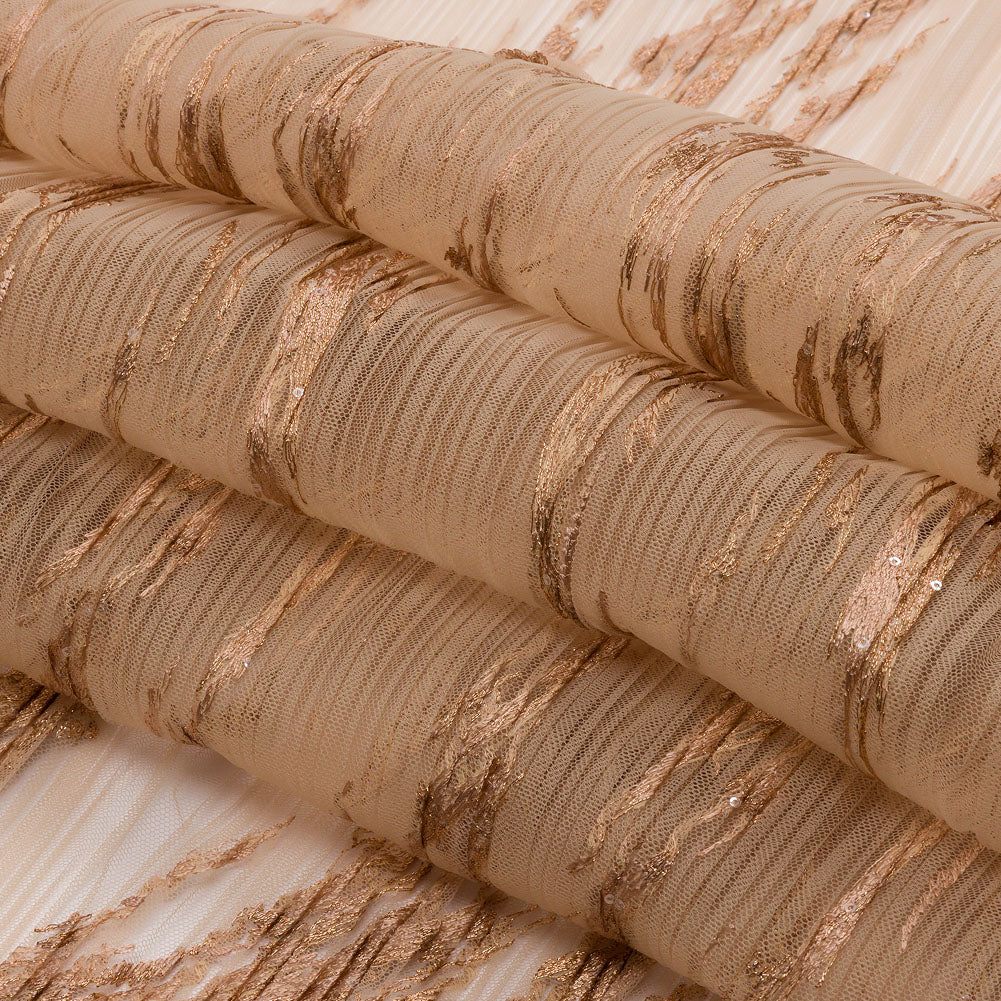 Linden Caramel Abstract Embroidered Soft Pleated Tulle with Clear Baby Sequins - Full
