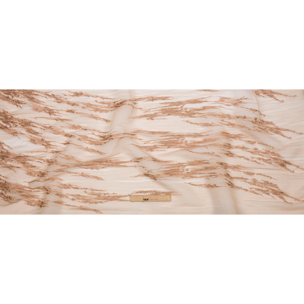 Linden Caramel Abstract Embroidered Soft Pleated Tulle with Clear Baby Sequins - Drape