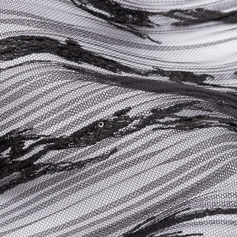 Linden Black Abstract Embroidered Soft Pleated Tulle with Clear Baby Sequins - Folded