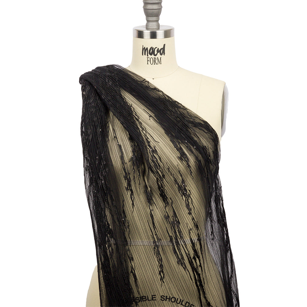 Linden Black Abstract Embroidered Soft Pleated Tulle with Clear Baby Sequins - Detail