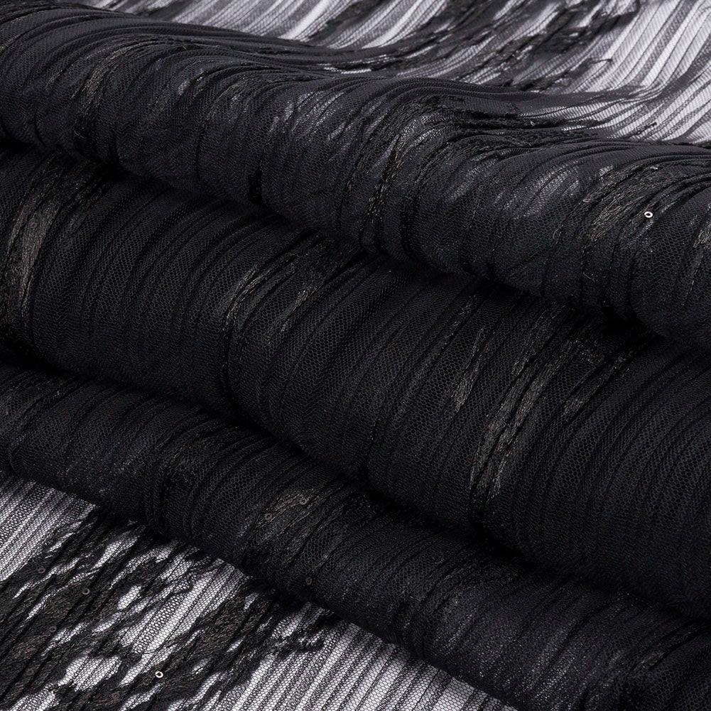 Linden Black Abstract Embroidered Soft Pleated Tulle with Clear Baby Sequins - Full