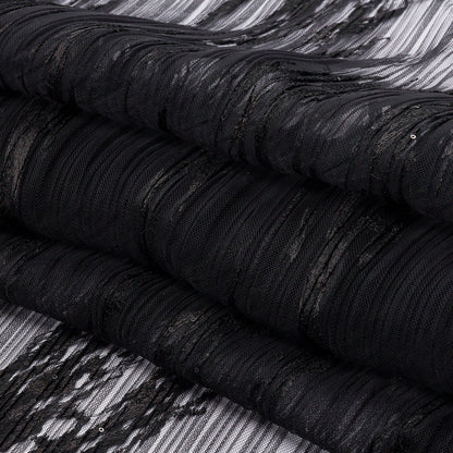 Linden Black Abstract Embroidered Soft Pleated Tulle with Clear Baby Sequins - Full
